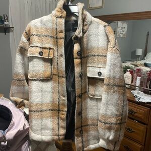 Fashion Nova Tan and White Lightweight Shirt Jacket